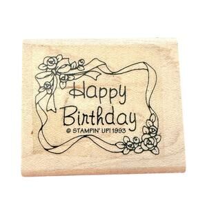 Stampin' Up! Vintage 1993 Happy Birthday Ribbon & Flowers Rubber Stamp